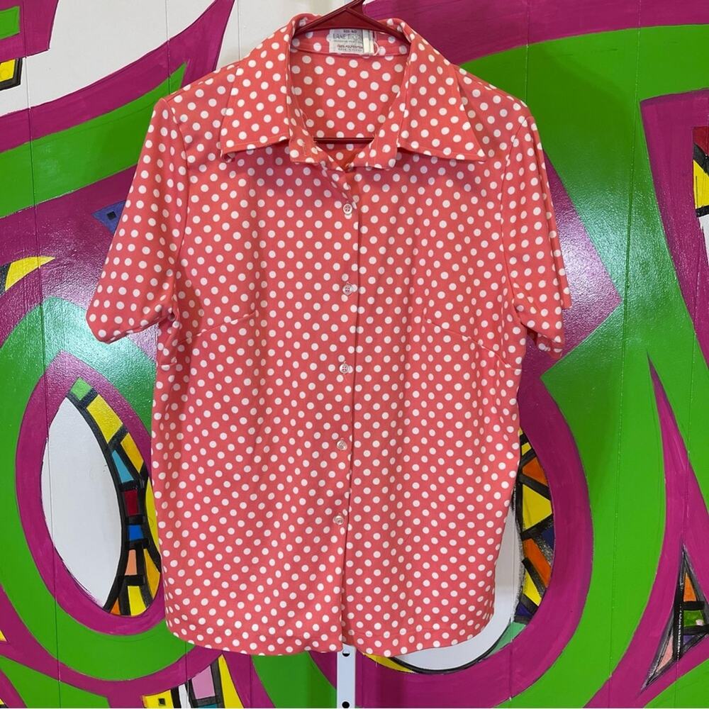 Lane Bryant, Vintage Polyester Polka Dot Button Down Blouse. Size 40.